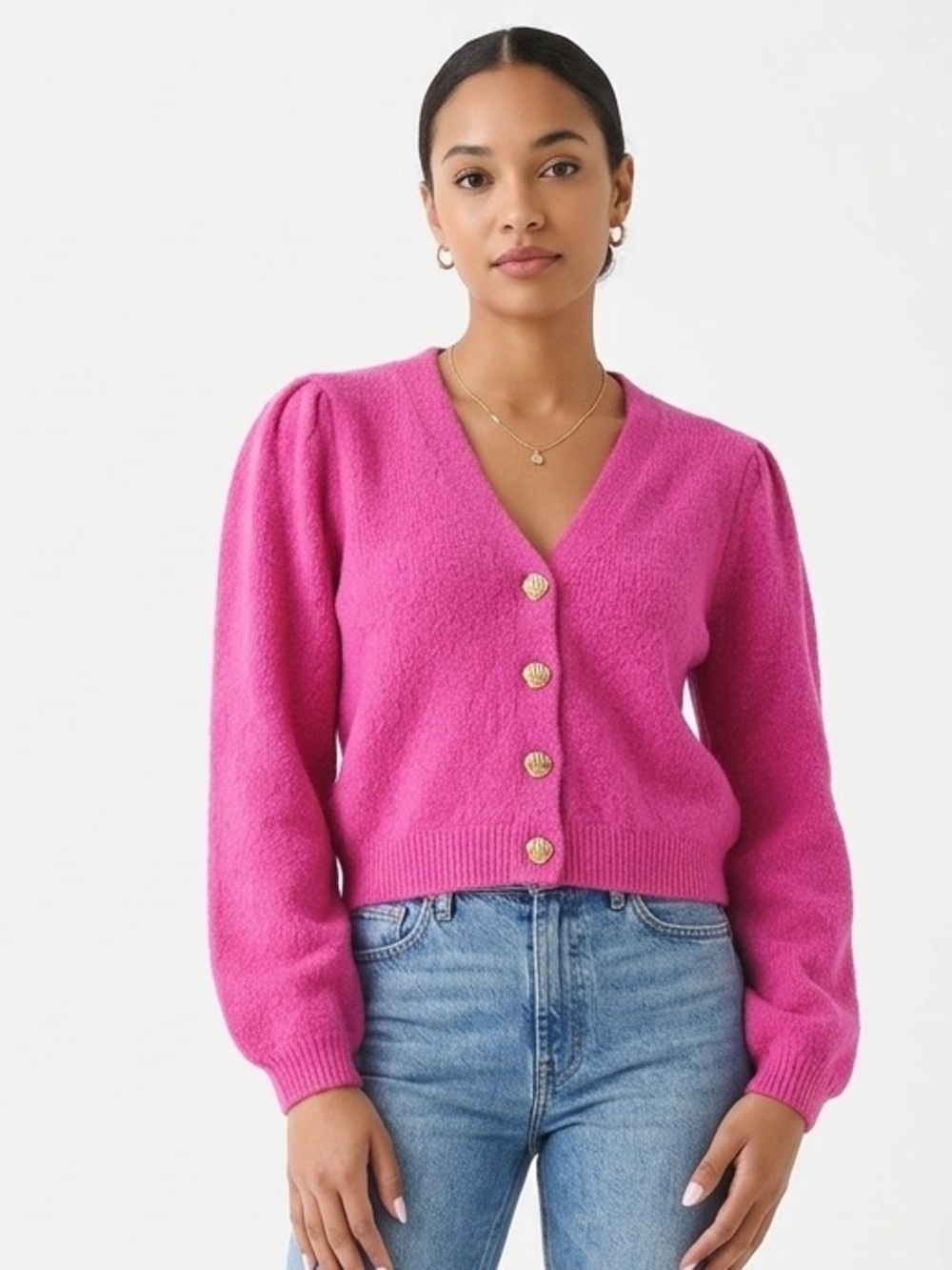 Héroïnes Knit Cardigan Gold Shell Buttons Puff Shoulder Barbiecore Size Medium